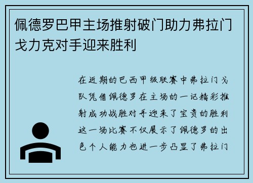 佩德罗巴甲主场推射破门助力弗拉门戈力克对手迎来胜利