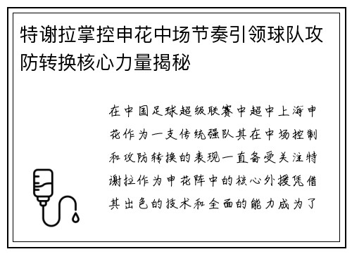 特谢拉掌控申花中场节奏引领球队攻防转换核心力量揭秘 特谢拉掌控申花中场节奏引领球队攻防转换核心力量揭秘