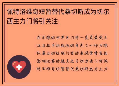 佩特洛维奇短暂替代桑切斯成为切尔西主力门将引关注